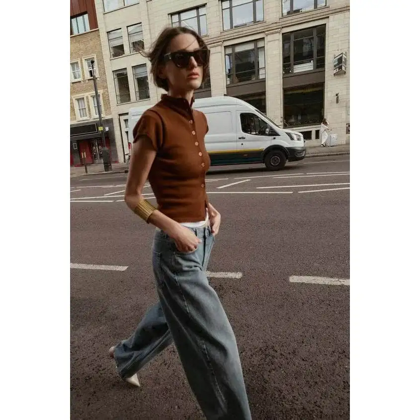 

ZBZR Faionable Knitted round Ne Svel Women's Top with Buttons Autumn New Arrival Breathable Polyester Fiber ort S...