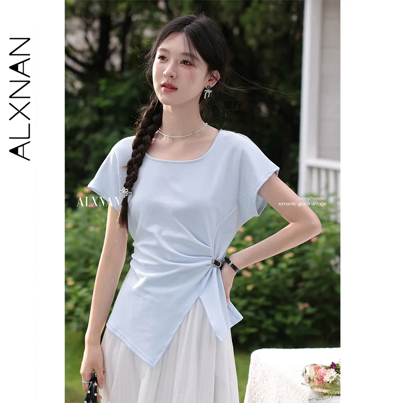 ALXNAN Blauw T-shirt voor Vrouwen Elegante U-hals Onregelmatige Geplooide Katoenen T-shirt 2025, Zomer Casual Korte Mouw Tops Vrouwelijke L56601