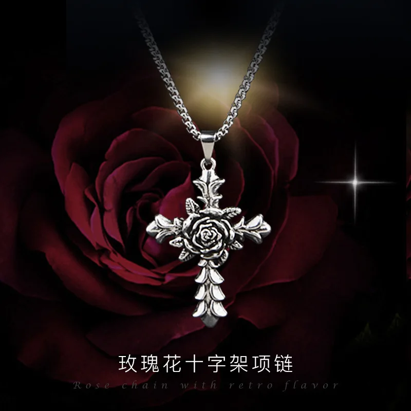 European and American personality retro hipster rose cross men and women long necklace hip hop couple pendant sweater chain