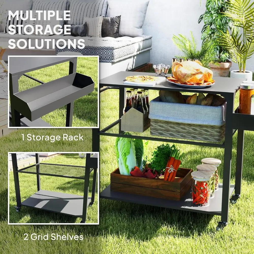 ポータブル屋外グリルカート（ピザオーブンスタンド、収納、移動式フードプレップテーブル付き）