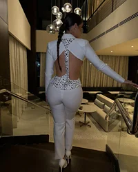 2024 High quality new sexy hollow backless long sleeve pants suit round neck deep V cross-border women's fashion cross-border