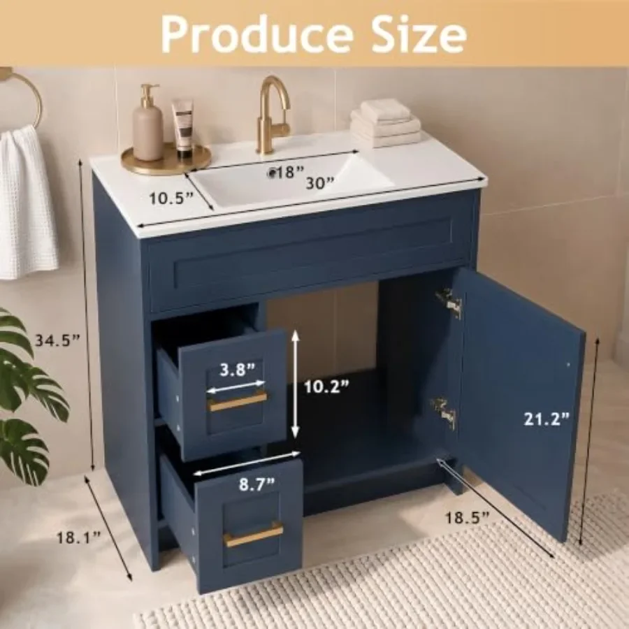 30 Bathroom Vanity with Sink: Farmhouse Style Cabinet in White, Water-Resistant Surface, Elegant Gold Hardware, Durable Hinges,