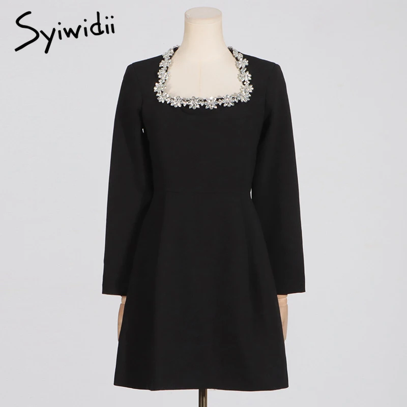 Syiwidii Vintage Casual Chic Rivet Women Dress Slash Neck Zipper Mini Dress Fashion Elegant Chic Evening Party Female Dress New