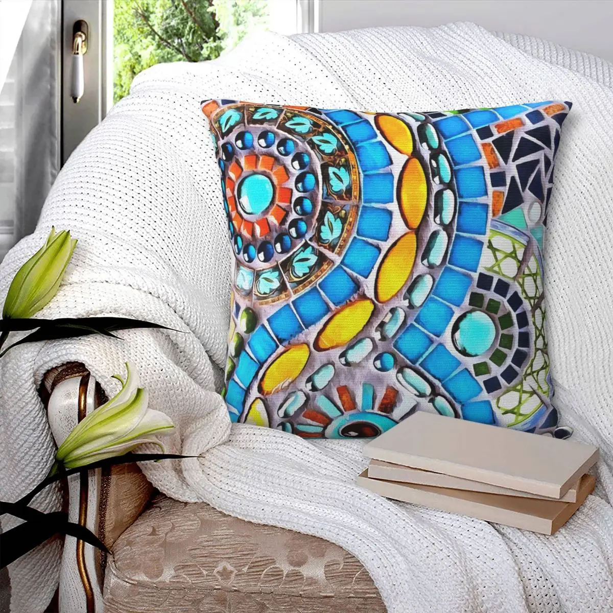 Gaudi Barselona-funda de almohada cuadrada con mosaico, cojín de poliéster con cremallera, cojín decorativo cómodo para el hogar y el dormitorio