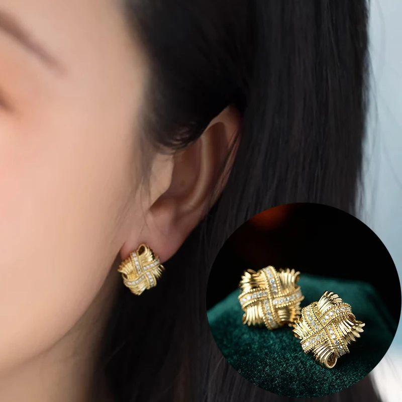 Huitan Chic Ohrstecker mit quadratischem Knoten für Damen, modern, modisch, goldfarben, Ohrschmuck, Alltagskleidung, Statement-Schmuck, Geschenk