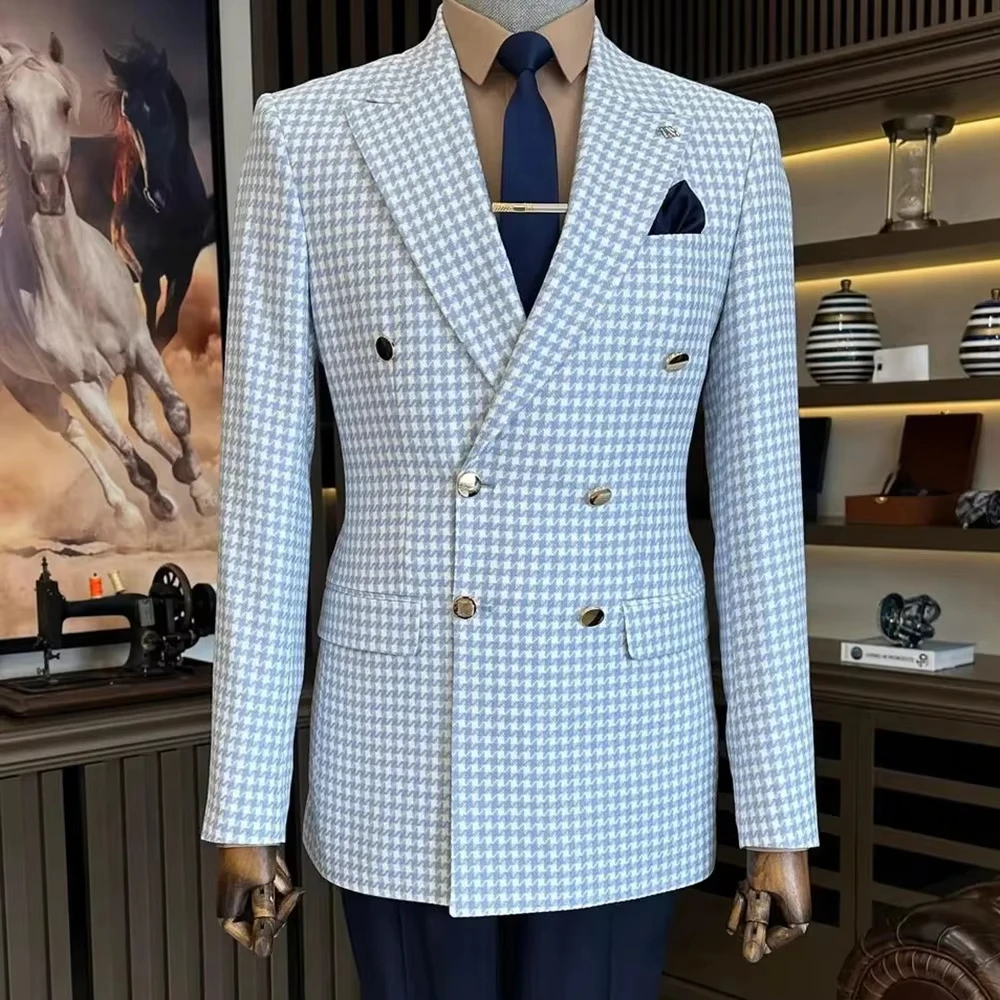 

Classic Plaid Men's Suits Peak Lapel Double Breasted Male Blazer Jacket Autumn Winter Formal Slim Business Tuxedos