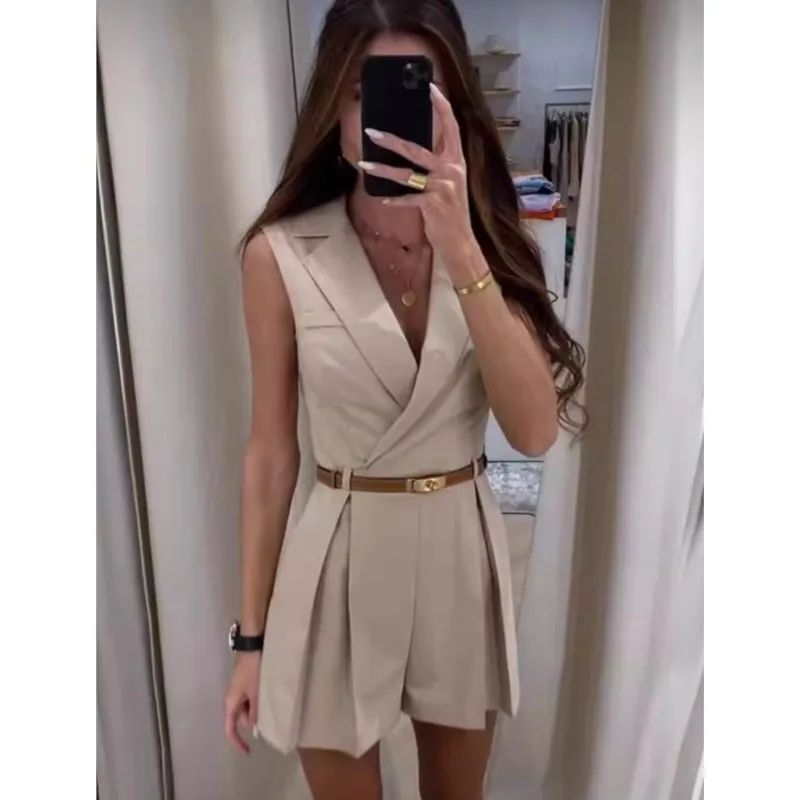 Elegant Women's Shorts Jumpsuit With Belt Fashion Sleeveless Turndown Collar Slim Short Jumpsuits Female 2025 Summer Lady Romper