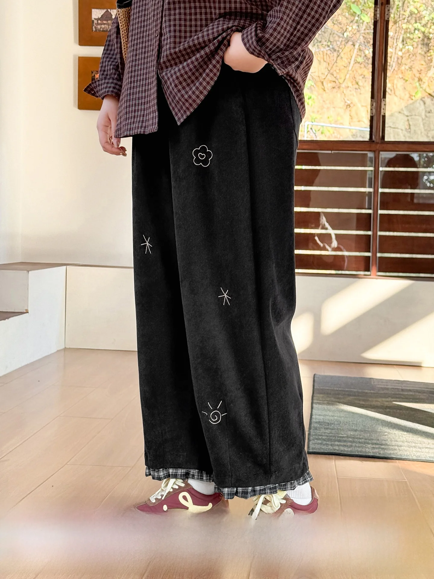 

Limited Edition plus Size Women's Pants Embroidered Cotton Velvet fiti Embroidery Plaid Patchwork Wide Leg Casual High Wa...