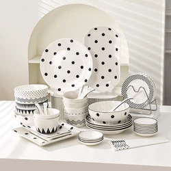 Large Fish Tray, Flower Shape Plate for Food, Polka Dot Pattern, Household Kitchen Ceramic Dinnerware, Bowl Dishes Set