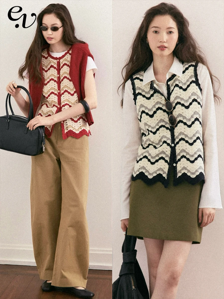 

Even Vintage Knitted Button up Vest Hollow out Texture Hook Needle Wave Pattern Casual Loose Fit Women's Cotton Knitwear