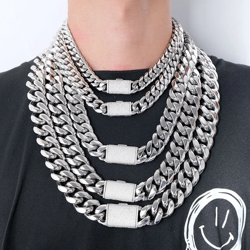 12/14/18/20/22mm Big Heavy Solid Stainless Steel Cuban Miami Link Chain Necklaces for Men Hip Hop Bling Iced out Rapper Jewelry