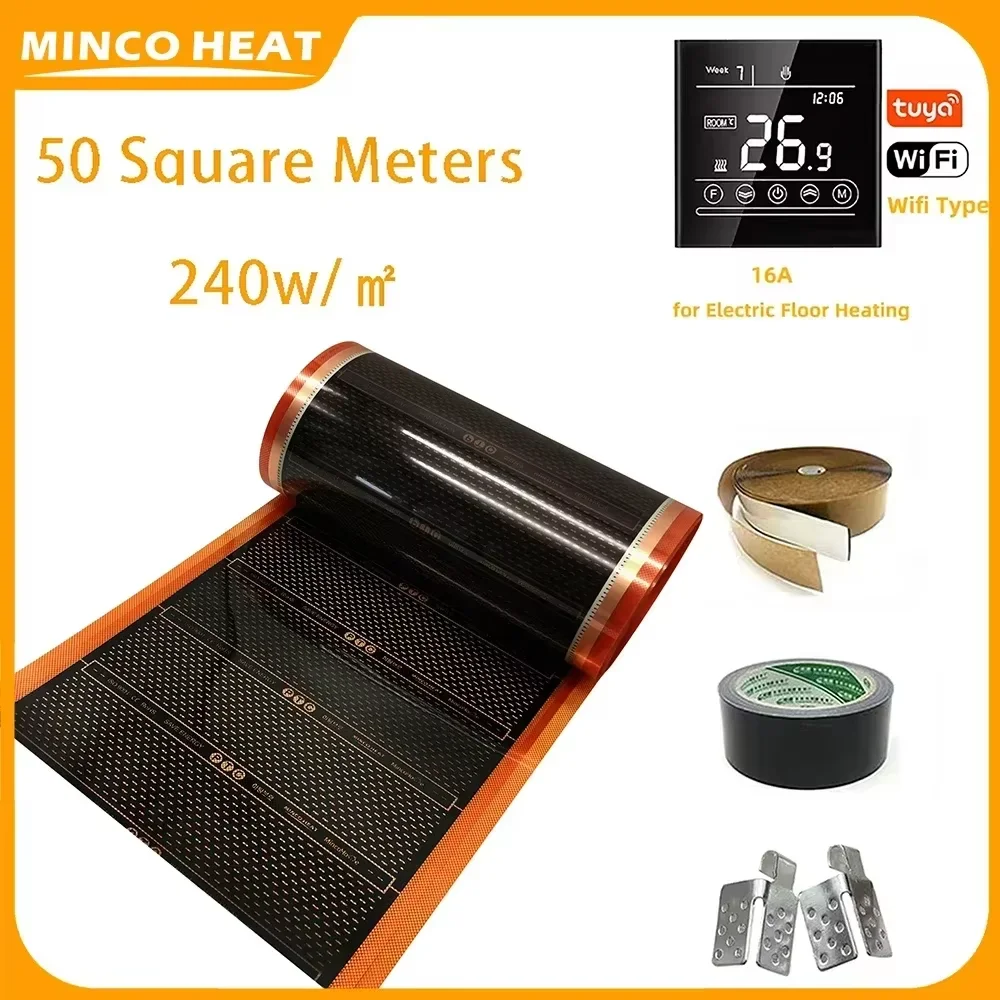 

Minco Heat AC220V 240w/m2 Heat Flooring New Orange Save Energy Infrared Graphene PTC Heating Film 50㎡ and Installation Kits