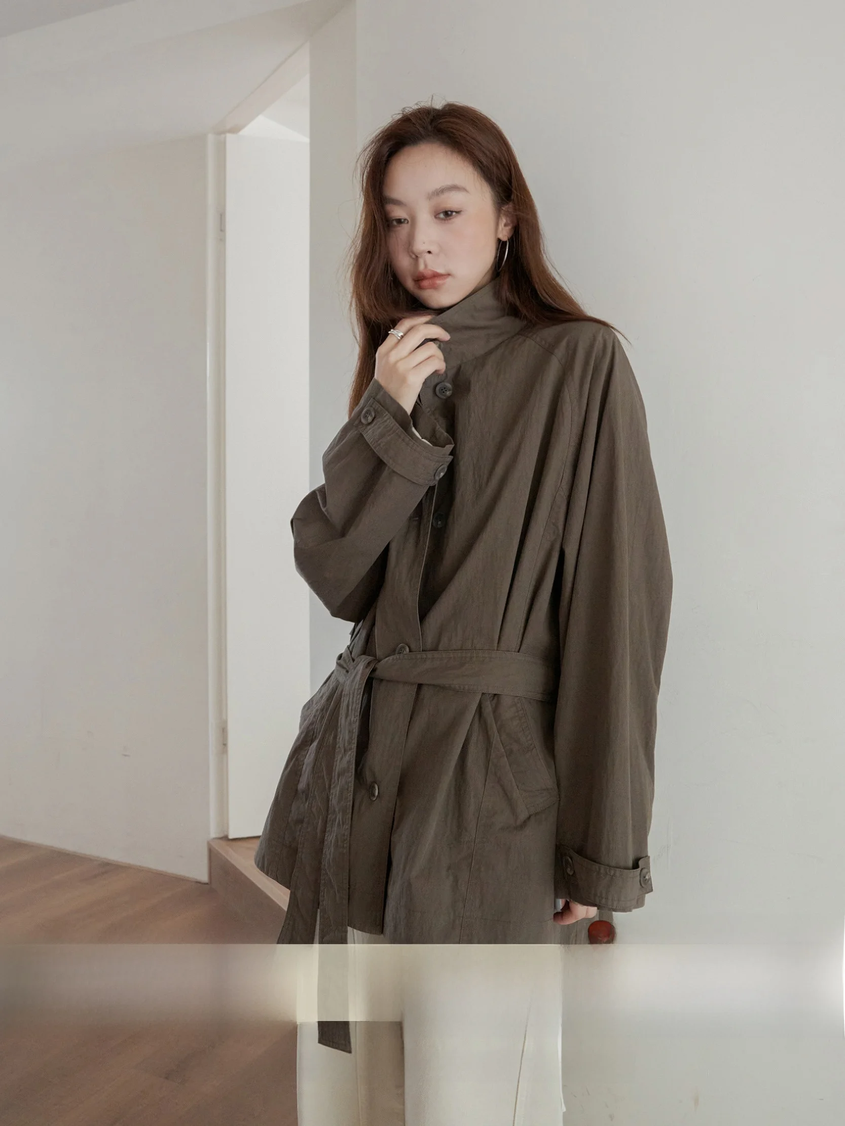 

VNOOK Women's ort Loose Fit Coat Stand Collar Retro Design High-End Feel Cotton Blend Commute Sle Pure Color Autumn New A...