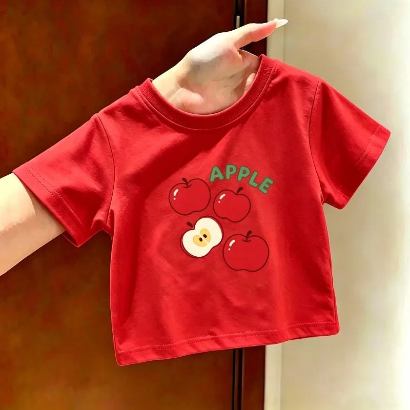 Apple Letter Cartoon Printed Children's T-shirt Summer New Personalized Parent-child Outfit Fashionable Breathable T-shirt