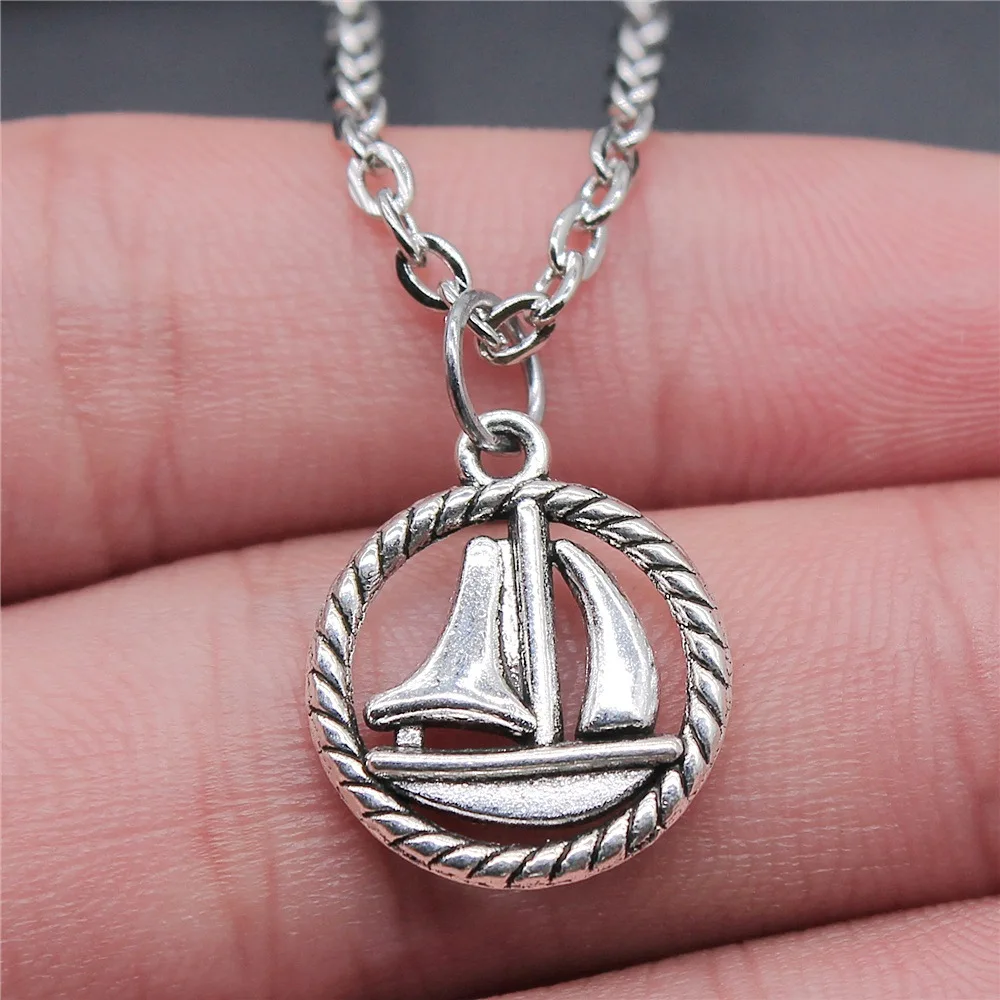 Dropshipping Antique Silver Color 18x16mm Sailing Boat Round Boat Pendant Necklace For Women