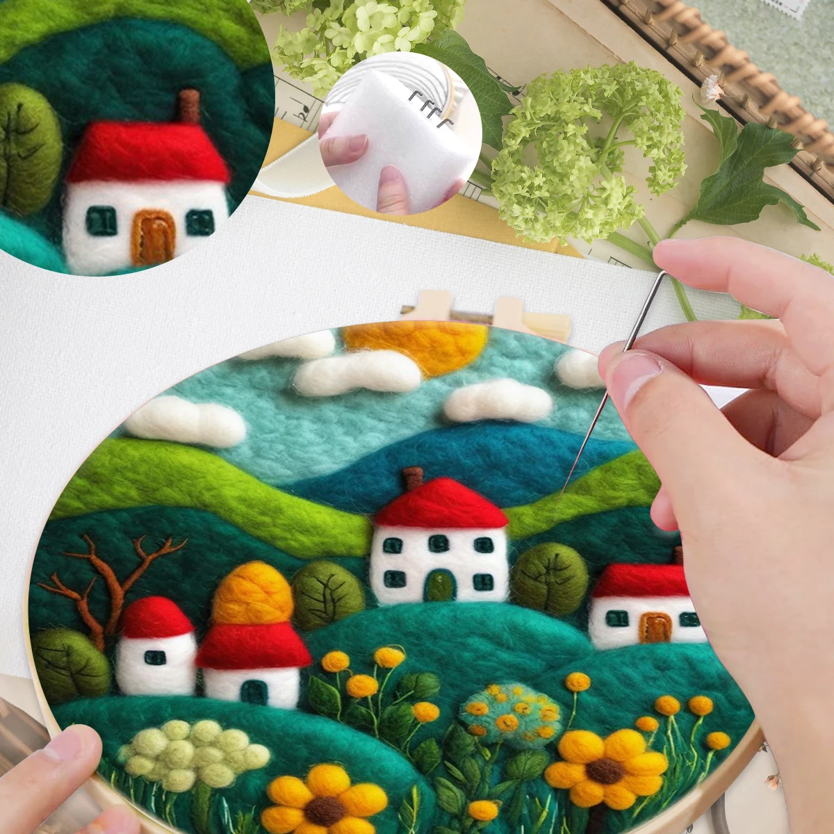 

SDOYUNO Wool Felt Painting House green landscape Sewing Cross Stitch Embroidery Frame Needle Felt Beginner Kit Home Decoration