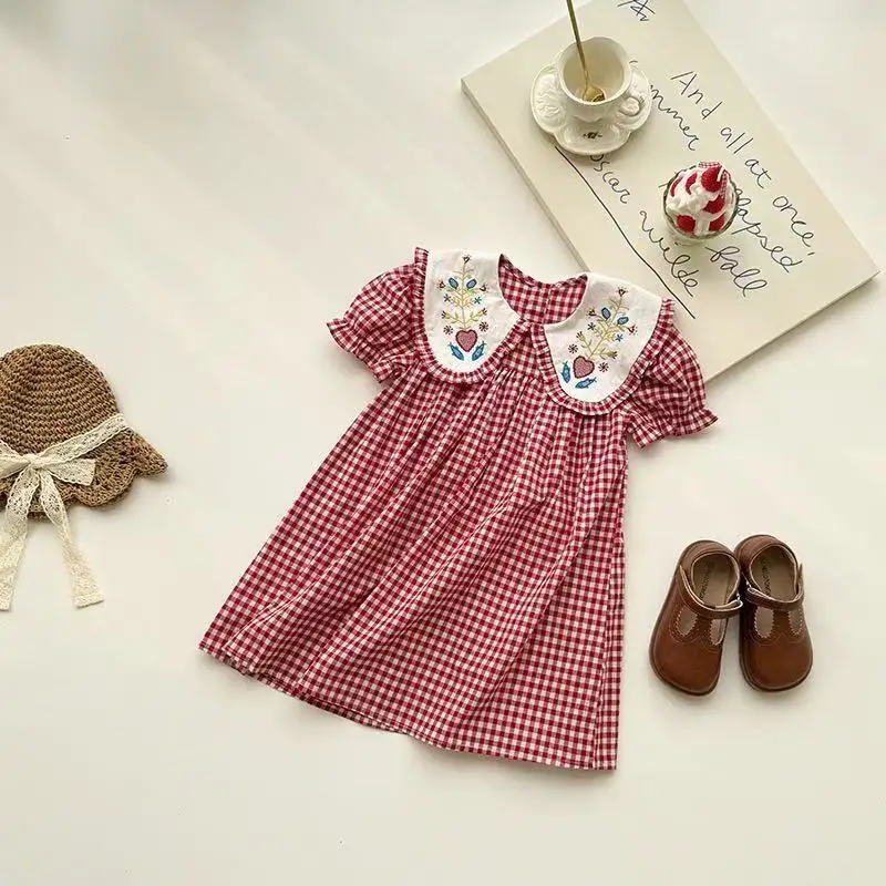2026 New Arrival Toddler Girl Retro French Doll Collar Sundress Checkered Red Short Sleeve Floral Embroidered Skirt for 90-140cm