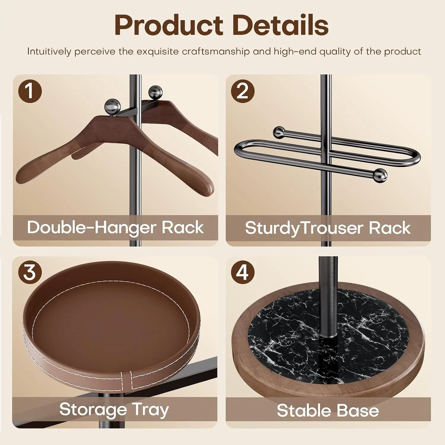 Freestanding Men's Suit Valet Stand with Tray & 2 Wooden Hangers, Natural Marble Base Sturdy Stainless Steel Frame, Wrinkle-Free Garment Organizer for Office Entryway view 3