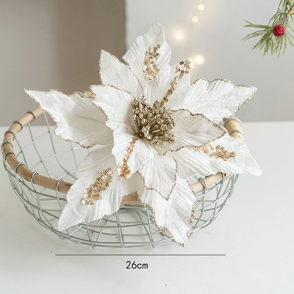 2025 26cm Glitter Artificial Christmas Flowers Xmas Tree Ornaments Merry Christmas Decorations For Home New Year Decors DIY