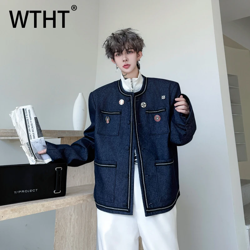 

WTHT Fashion Men's Spliced Big Pockets Metal Design Coats Trendy 2025 Autumn O-neck Single-breasted Jackets Male 2A1884