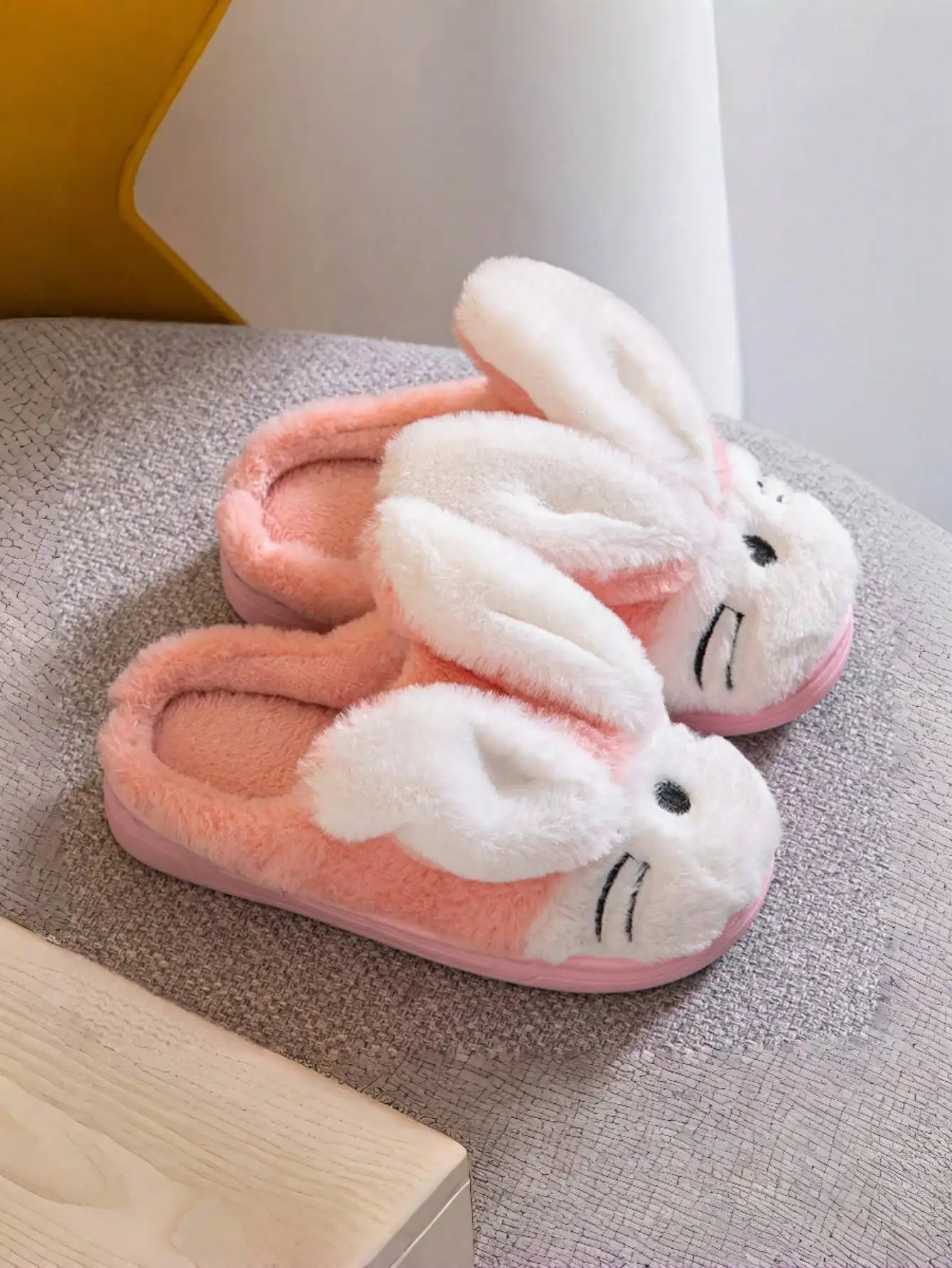 Warm cotton slippers with cute furry ears design for children, suitable for indoor use during autumn and winter