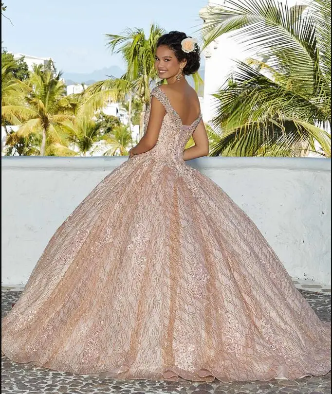 Vestido de Quinceañera con estampado de oro rosa, lentejuelas brillantes con capa, corsé de cuentas con cordones, dulce 15 Vestidos de depuración