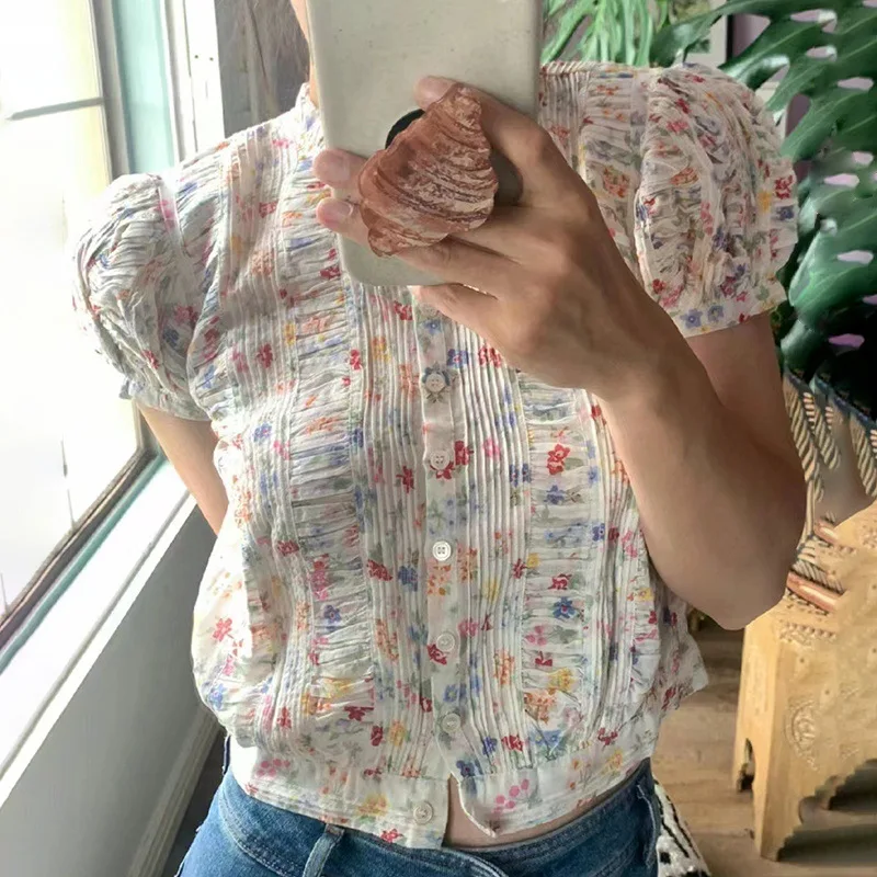 

Women's Shirt Fold Stand Collar Single Breasted Sweet Print Puff Sleeve Waistband Tops New Summer