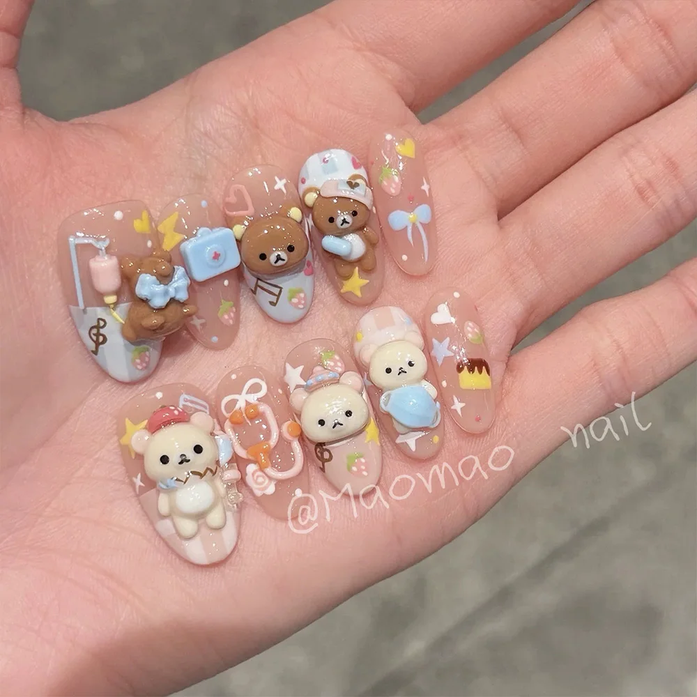Cute Cartoon Bear Rilakkuma Dot Star Glitter Press-On Nails Heart Flower Musical Note Bow Ellipse Fake Nail Party Accessories view 3