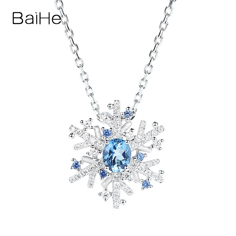 

BAIHE Solid 18K White Gold Natural Aquamarine Sapphire Diamond Snowflake Pendant Women Trendy Party Fine Jewelry Le pendentif