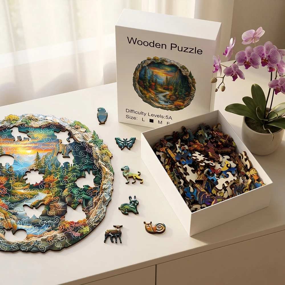 

3D Mountain Forest Wooden Jigsaw Puzzle, Unique Animal Shaped Pieces, Advanced 5A Difficulty, for Adults & Kids, Home Decor, Stress Relief, Family Game, Gift