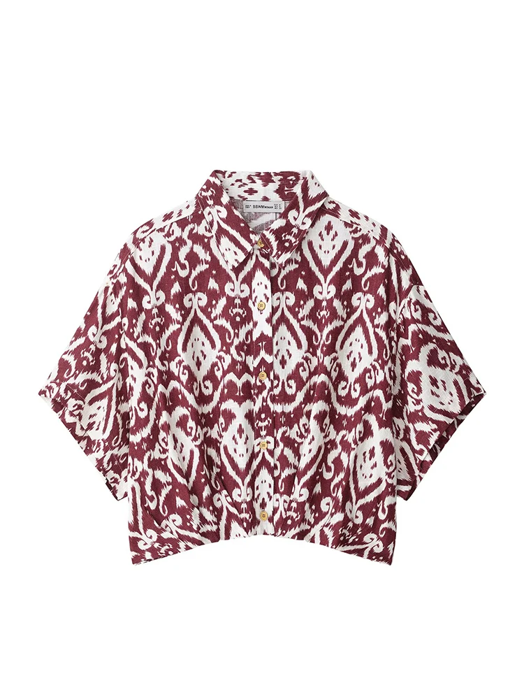 

KUCLUT Women Fashion Printed Single Breasted Cropped Blouse Vintage Lapel Neck Short Sleeves Female Chic Lady Shirts
