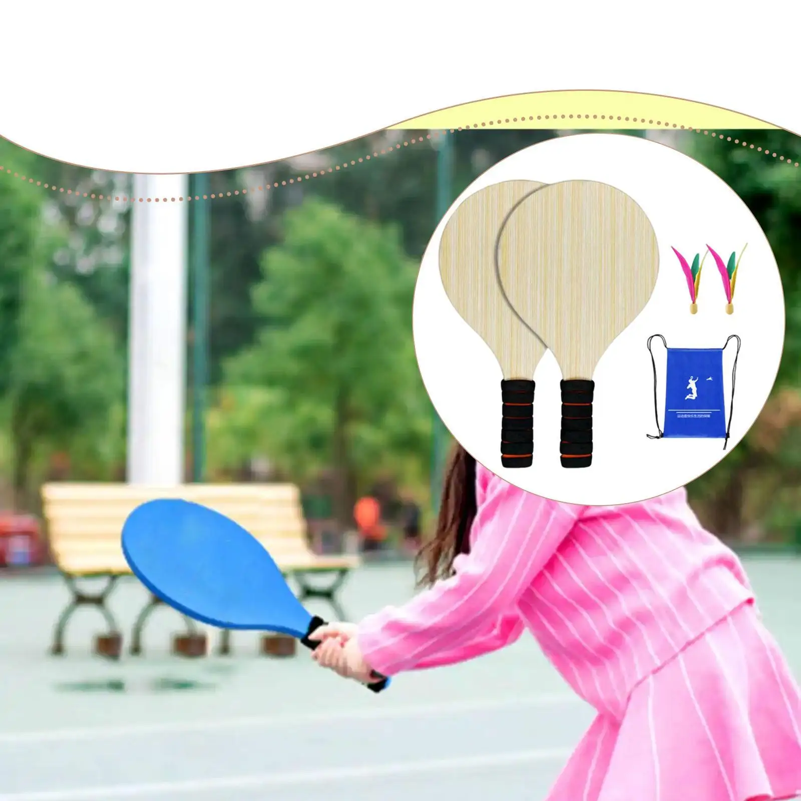 2 Pieces Wood Badminton Paddle Set Pickleball Game Practical Strength with Storage Pouch Badminton Racket for Garden Children