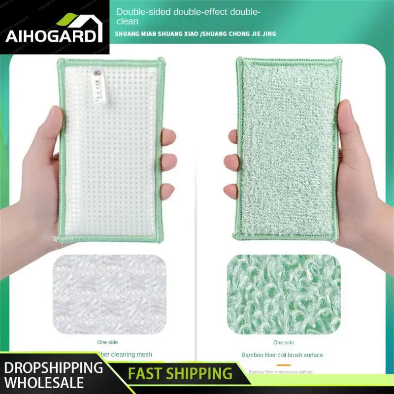 set Bamboo Fiber Sponge Dishwashing Rag Scouring Pad Reusable Oil-free Double-sided Household Brush Cleaning Tool Kitchen