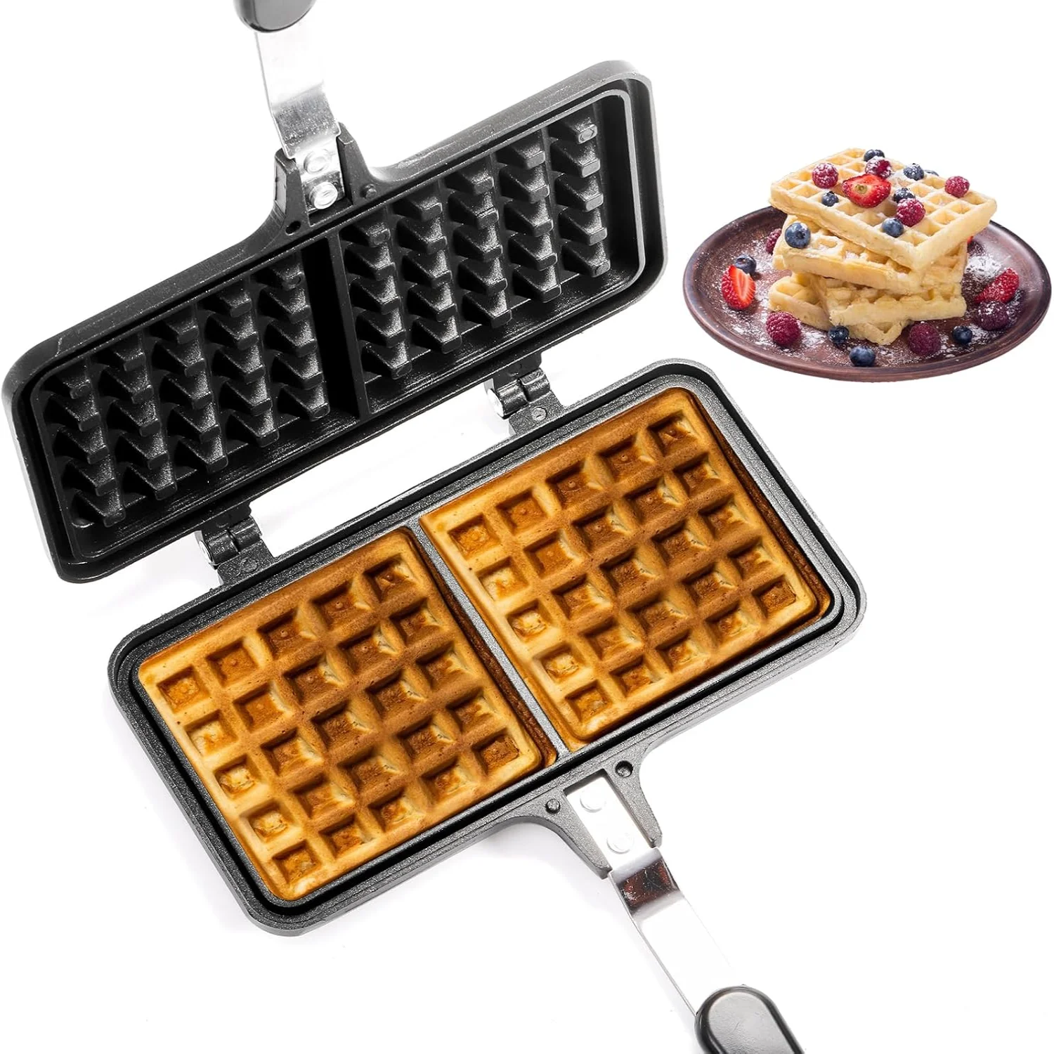 Non-stick Waffle Maker, 8" Camping StoveTop Waffle Maker with Long Handle, Portable Aluminum Waffle Maker Pan for Waffles Sandwi