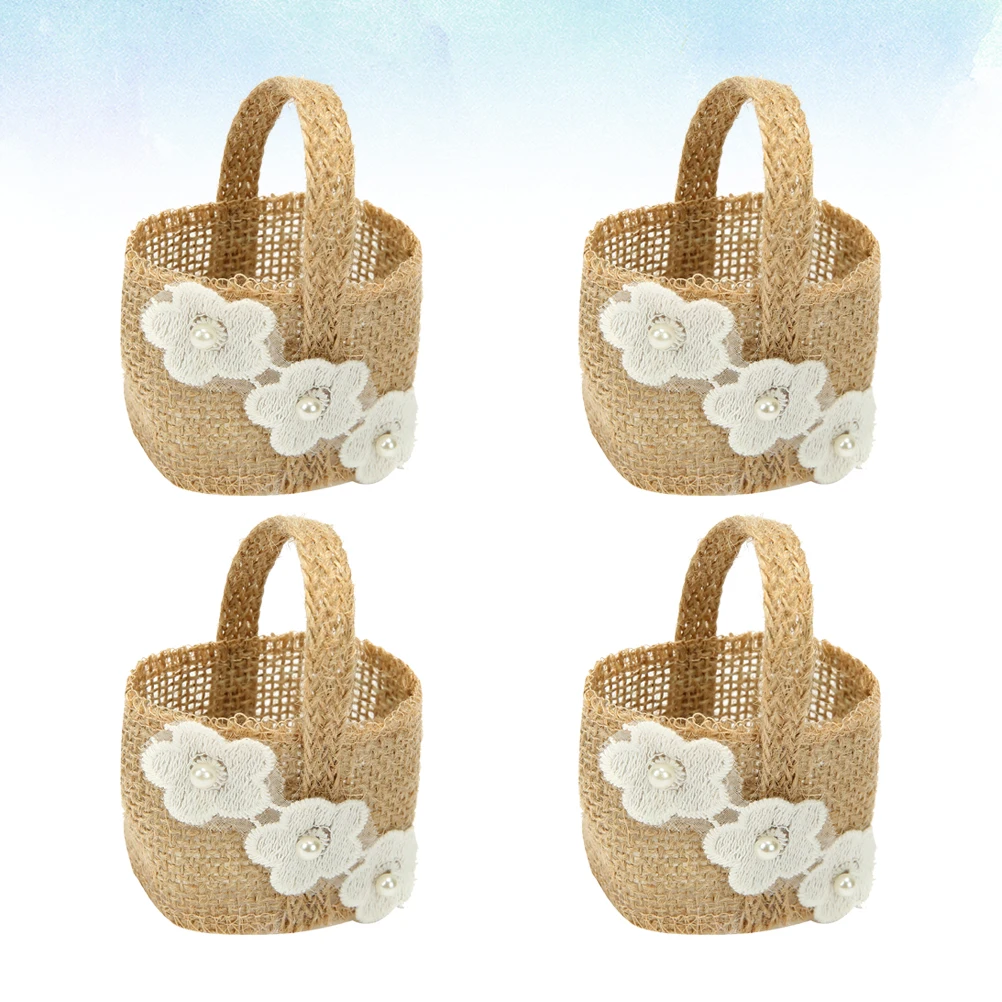 

4pcs Linen Banquet Storage Storage Basket Wedding Gift Holder Burlap Banquet Decorative Basket For Flowers Novelties