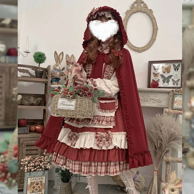

Christmas Vintage Lolita Dress Kawaii Red Cloak Soft Sister Long Sleeve Party OP Victorian Dress Japanese Lolita Clothing