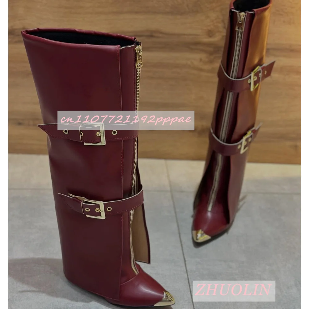 

Belt Buckle Metal Pointed Toe Straight Boots Women Black Matte Patent Leather Dress Boots Party Catwalk Front Zipper High Heels