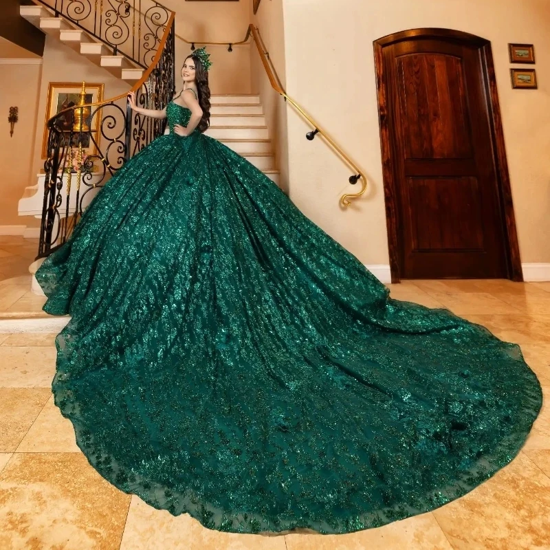 2024 Blackish Green Shiny Quinceanera Dress Ball Gown Sequins Applique Lace Beaded Tull Off Shoulder Sweet 16 Vestido De 15 Anos