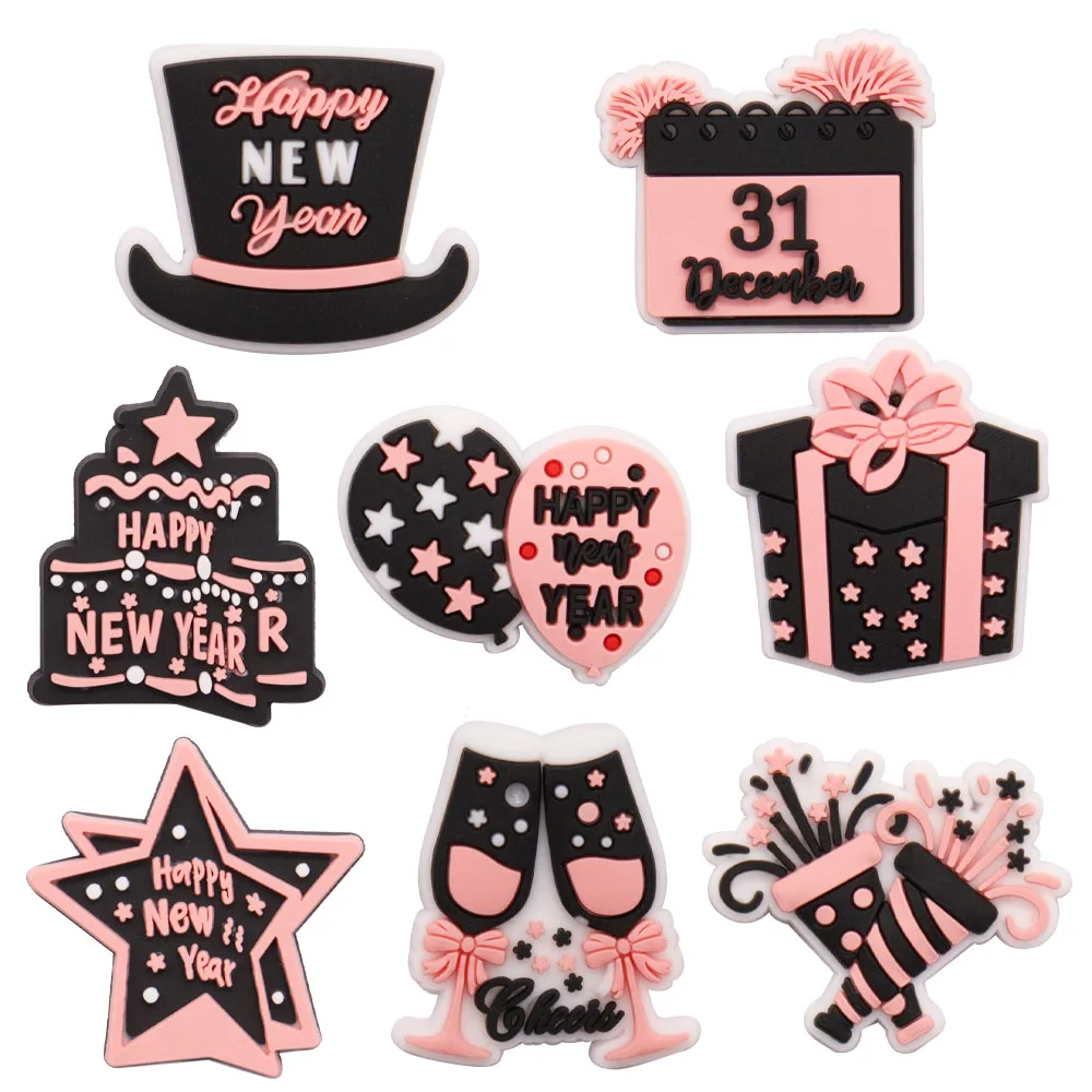 

1pcs PVC Happy New Year Cake Gifts Balloons Stars Garden Shoes Button Decorations Charms Hole Slipper Ornaments for Bands