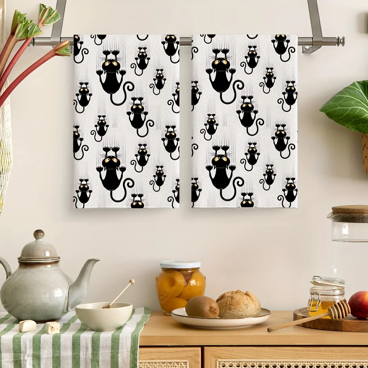 2PCS, Hand Towels, Cute Black Cat Dishcloth, Modern Simple Style Kitchen Towels, Dish Towels, Soft Absorbent Tea Towels, Kitchen