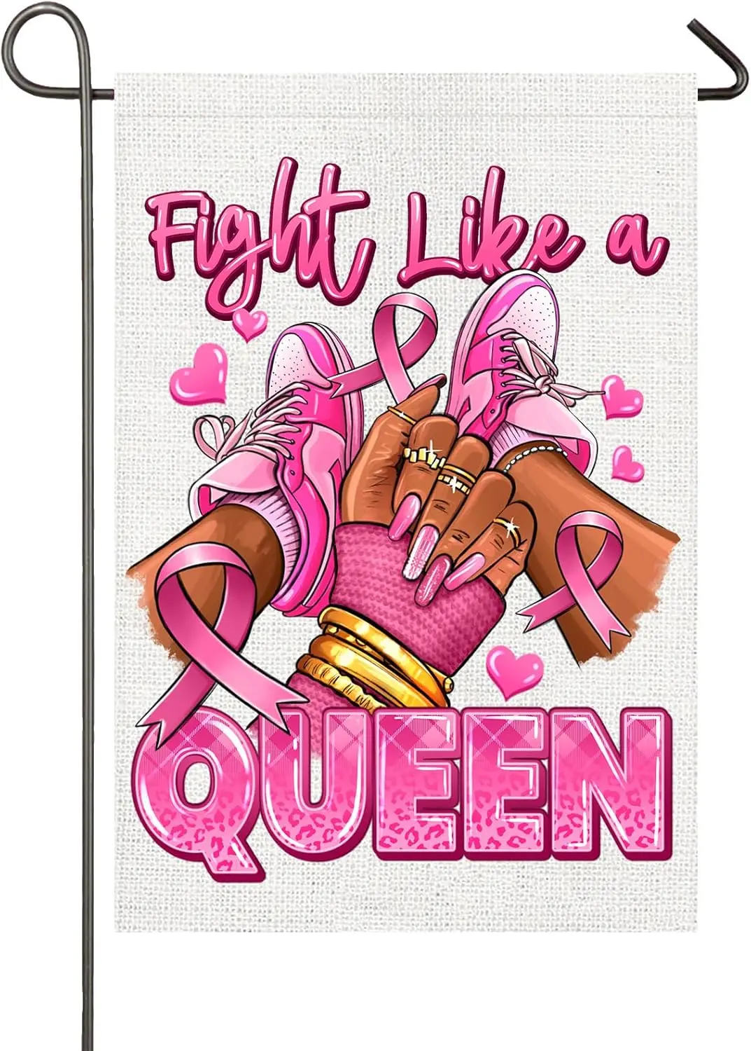 Breast Cancer Support Garden Flag for Black Women Fight Like A Queen 12x18 Inch Double Sided Afro Girl Sneakers Pink Ribbon Canc