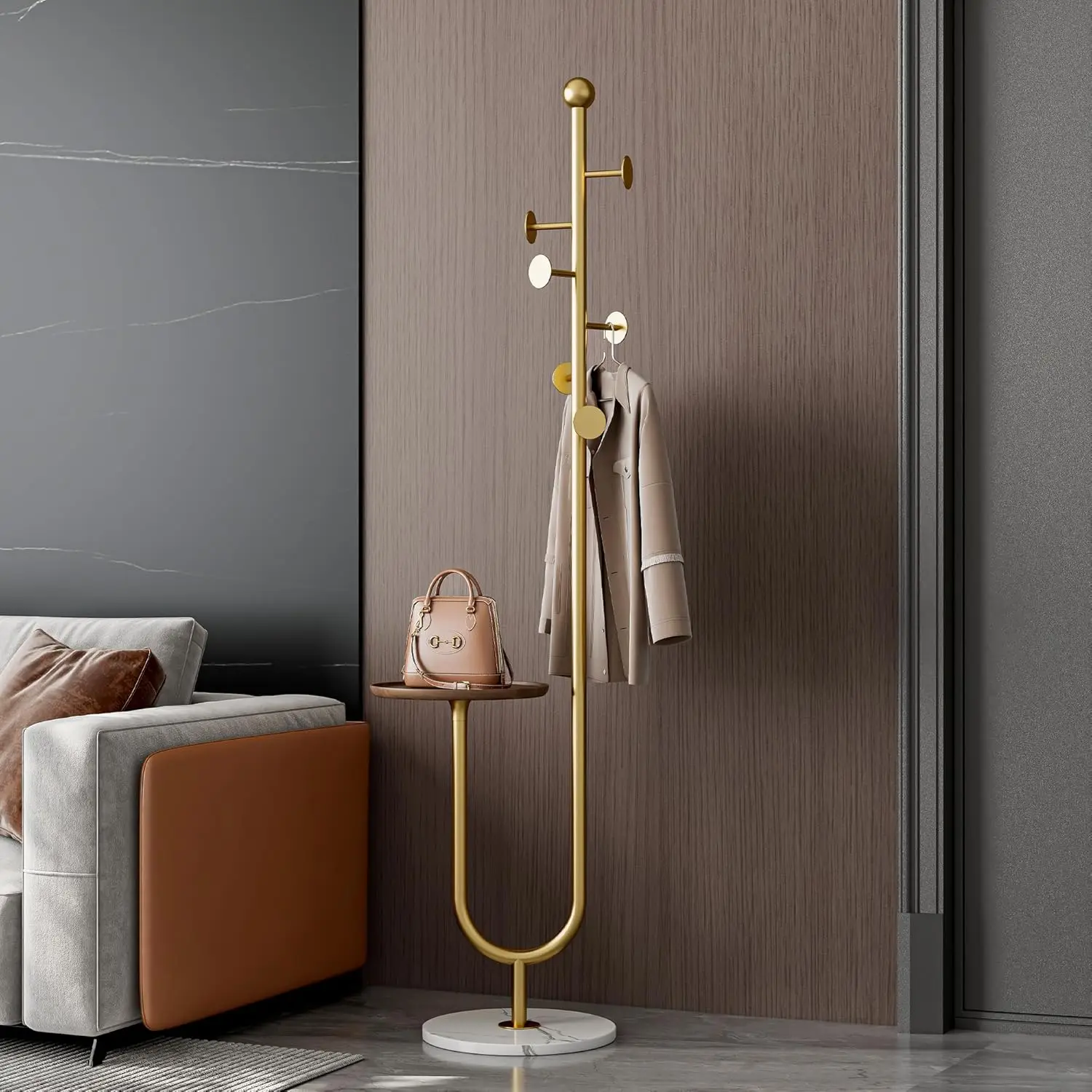 

Gold Metal Coat Rack with Marble Base & Tray, Freestanding Hall Tree with Hooks for Entryway Clothes Bags Hats, Customized