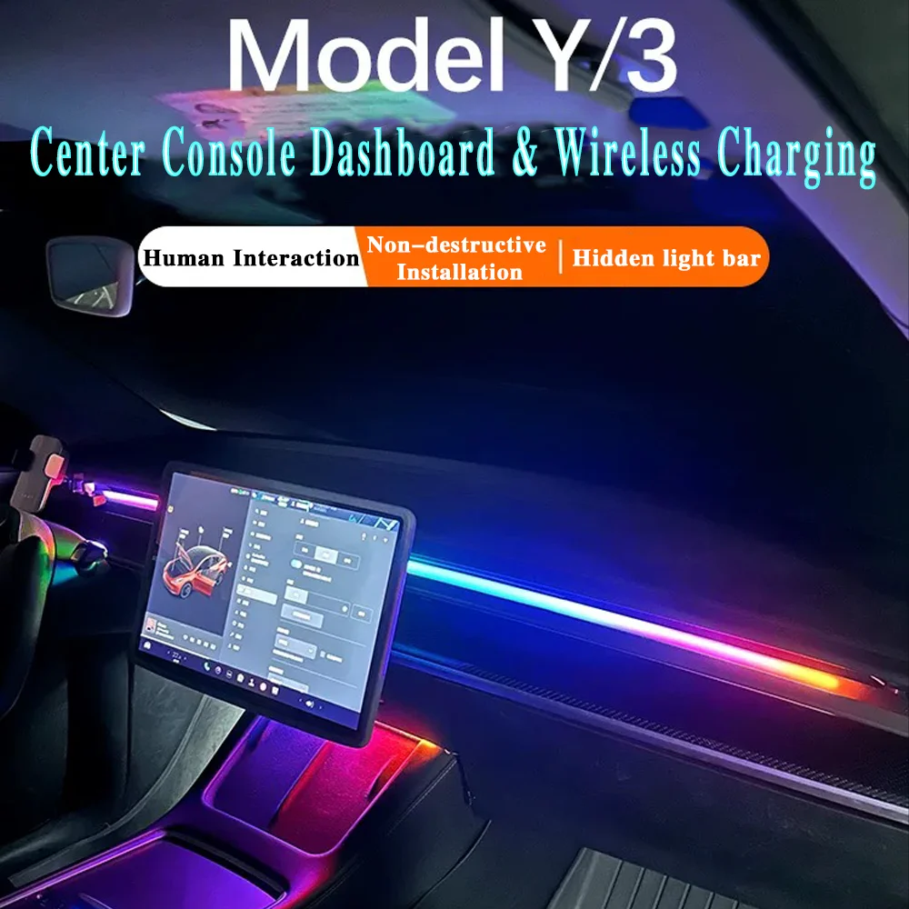 Dla Tesla konsola środkowa deska rozdzielcza bezprzewodowa lampa do ładowania Model 3 Y 64Colors Neon RGB lampa LED Ambient USB Power APP kontroler