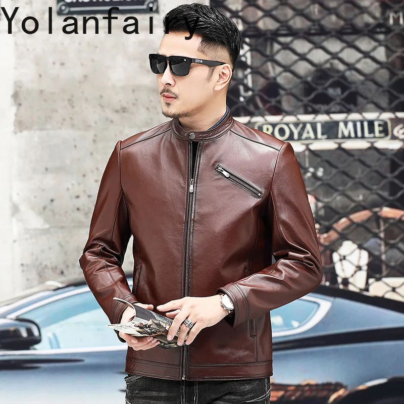 YOLANFAIRY Genuine Leather Cowhide Men's Clothing Spring Summer Thin Coats Stand Collar Motorcycle Jacket Saco Hombre Casual