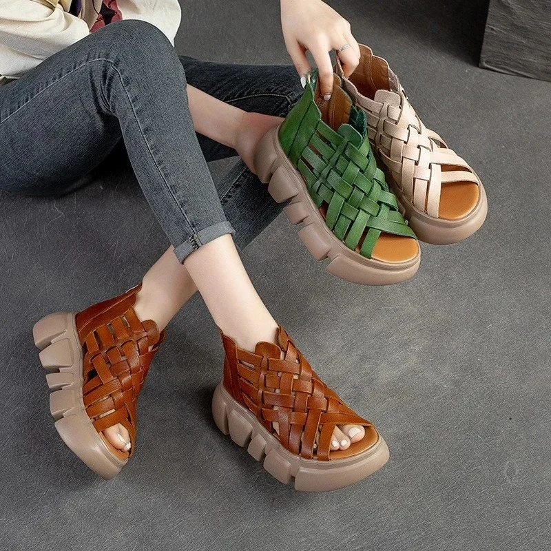 Women Gladiator Sandals Summer Cool Boots Luxury Gesign Genuine Leather Woven Wedges Platform Casual Roman Sandals