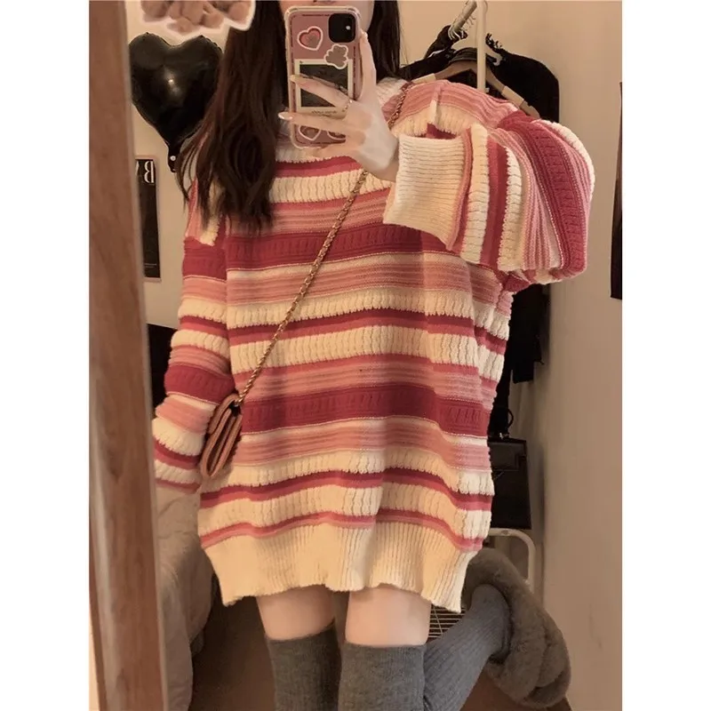 

GUUZYUVIZ 2023 Autumn Winter Stripe Contrast Round Neck Sweater Women's Loose Long Sleeve Knitted Top