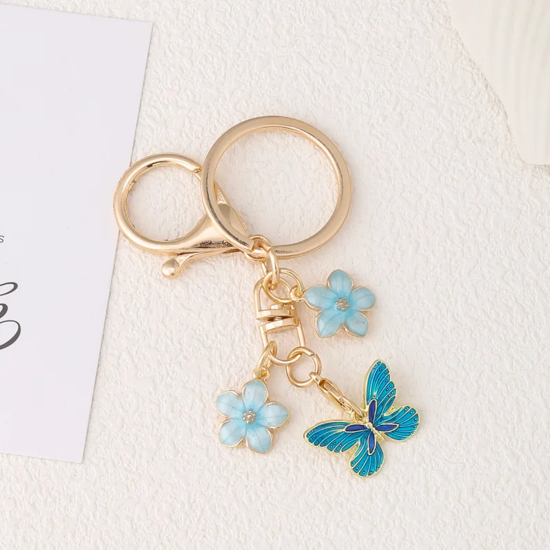 15pcs Flowers Pretty Butterfly Enamel Keychain Plant Flying Insect Key Ring For Women Girl Friendship Gift Handmade Jewelry Set