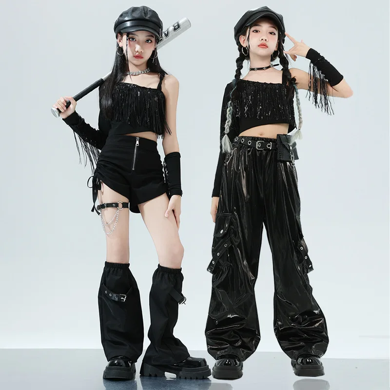 

Костюм для джазового танца для девочек, групповой Kpop, сценический наряд, черный укороченный топ, брюки-карго, танцевальная одежда в стиле хип-хоп, одежда для выступлений на сцене, женская одежда