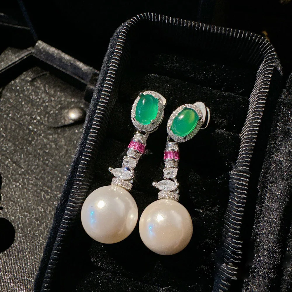 Women Brazil Chrysoprase Agate Gemstone Pearl Earrings Necklace Set 2024