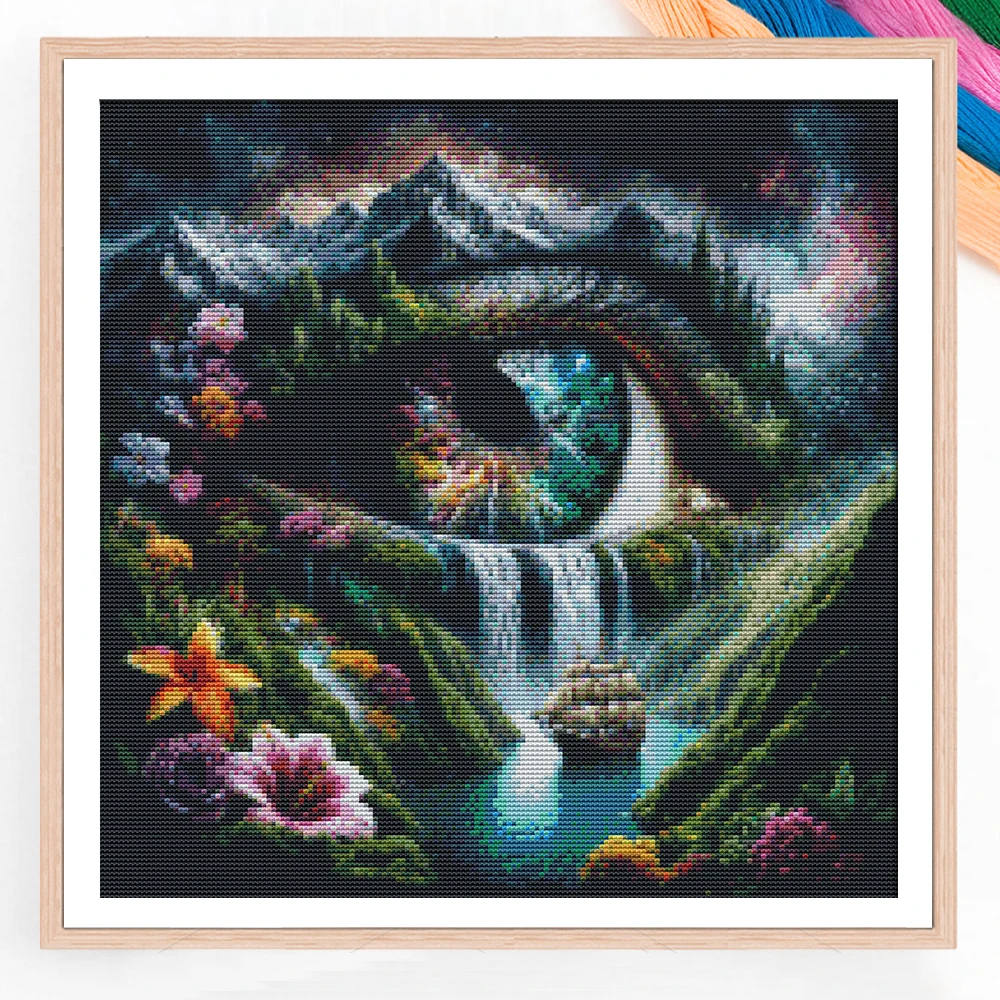 Kreuzstich-Set, Auge, Wasserfall, Blumenstickerei, Landschaft, Hobby, Handwerk, 11 Karat, Bild, bedruckte Leinwand, Heimdekoration